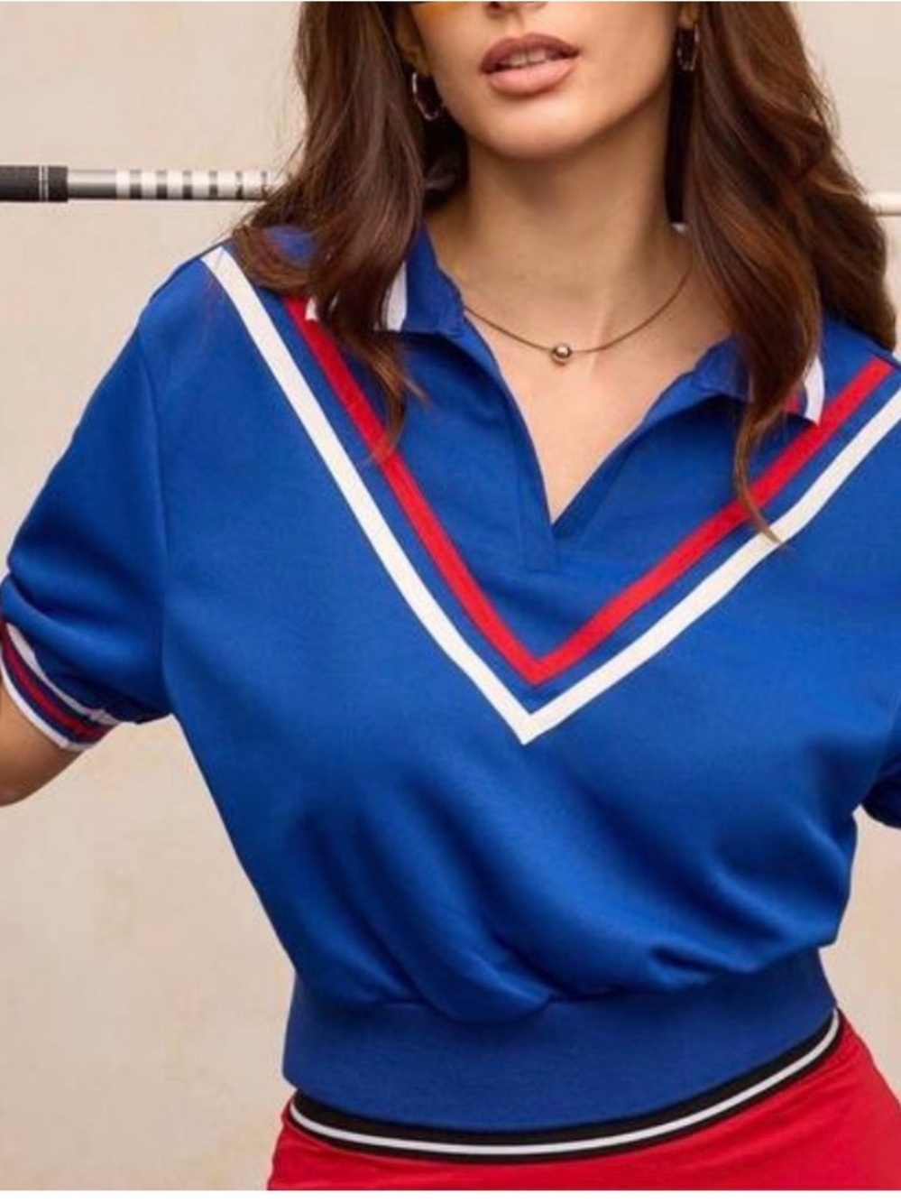 Blue V‑Neck Stripe Polo Top - Women's Active Style